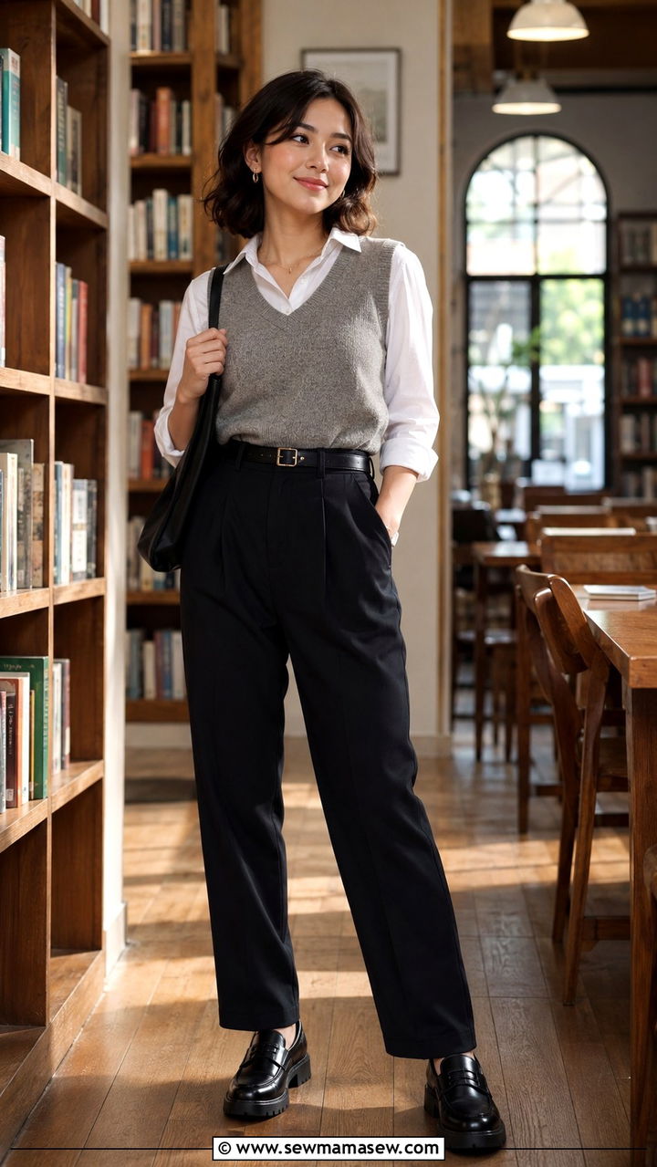 Sweater vest layered over a button down shirt with pleated trousers and loafers - 25 Petite outfit ideas for moms