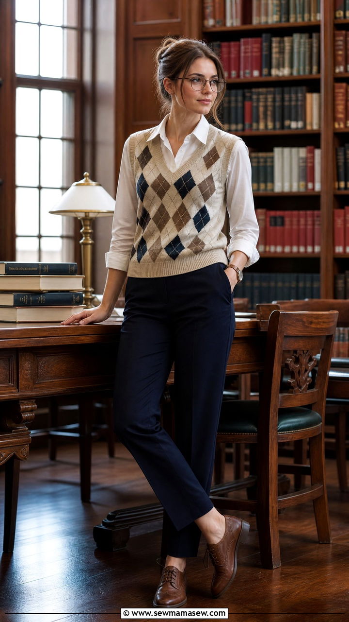 Sweater vest layered over a button down shirt with tailored trousers - 35 Librarian outfit ideas for work