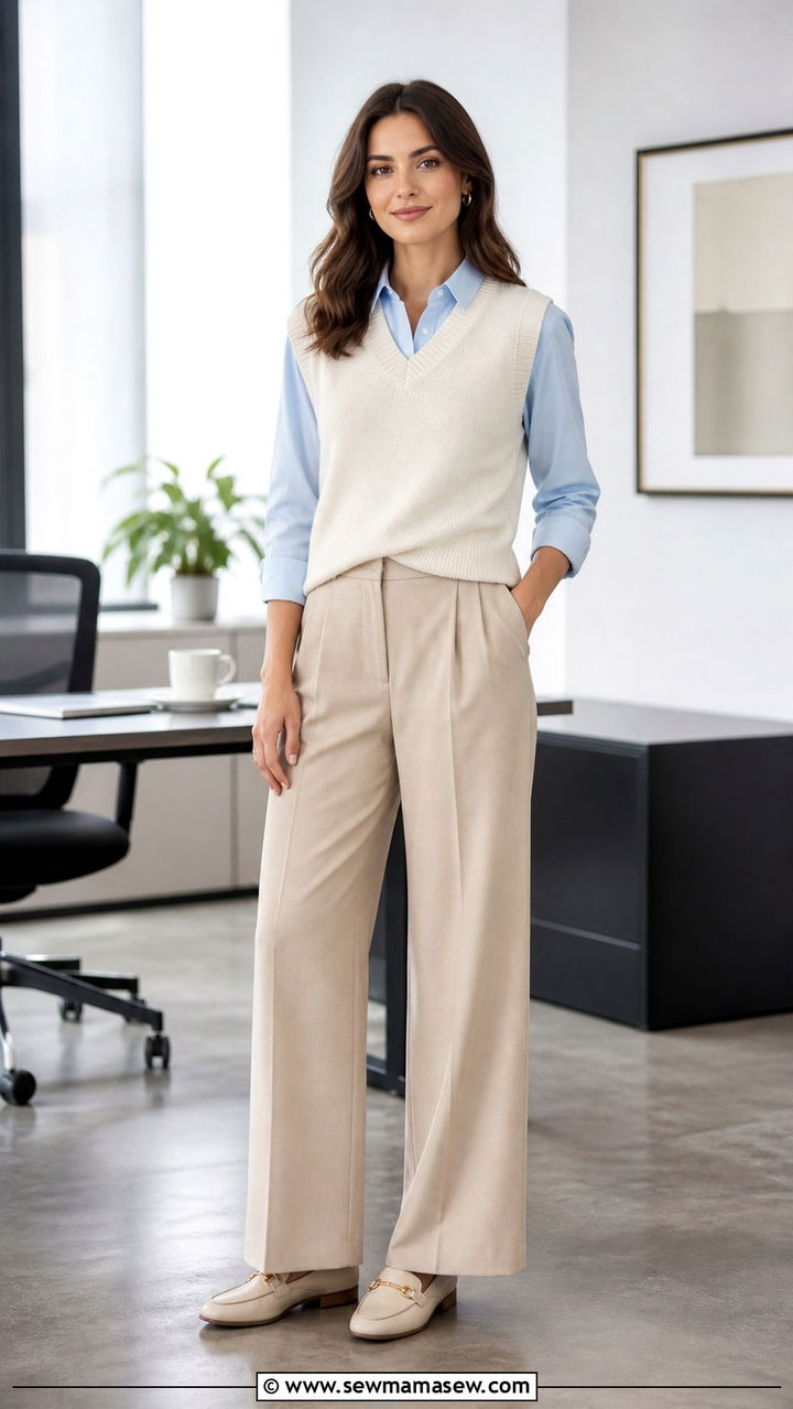 Sweater vest layered over a button down with tailored trousers - 40 spring casual outfit ideas
