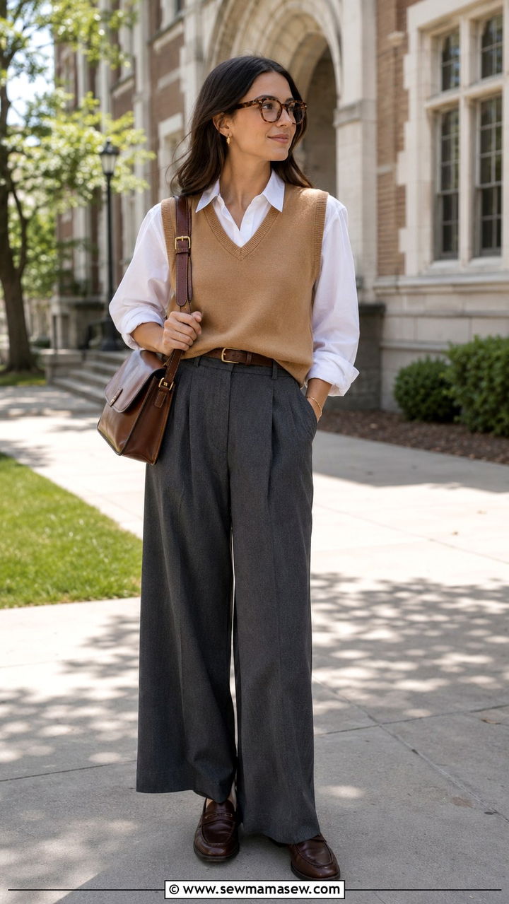 Sweater vest layered over a button down with wide leg trousers - 30 Spring travel capsule wardrobe