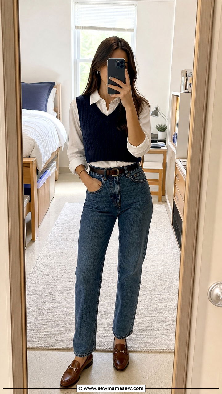 Sweater vest layered over a collared shirt with high waisted jeans - 25 casual outfits for long torso women