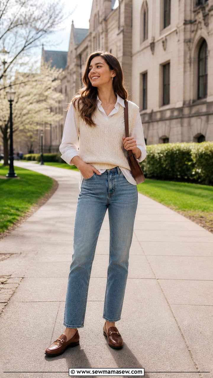 Sweater vest layered over a collared shirt with jeans - 40 What to wear in spring