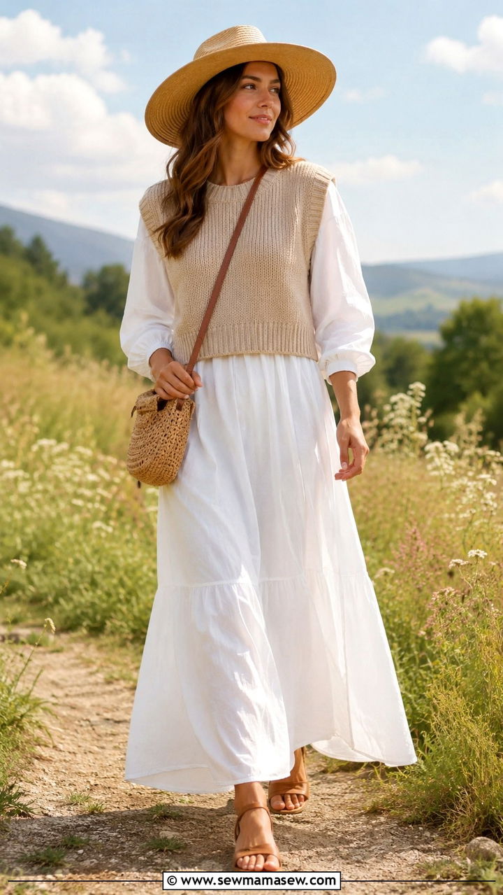 Sweater vest layered over a maxi dress - 30 how to style sweater vest
