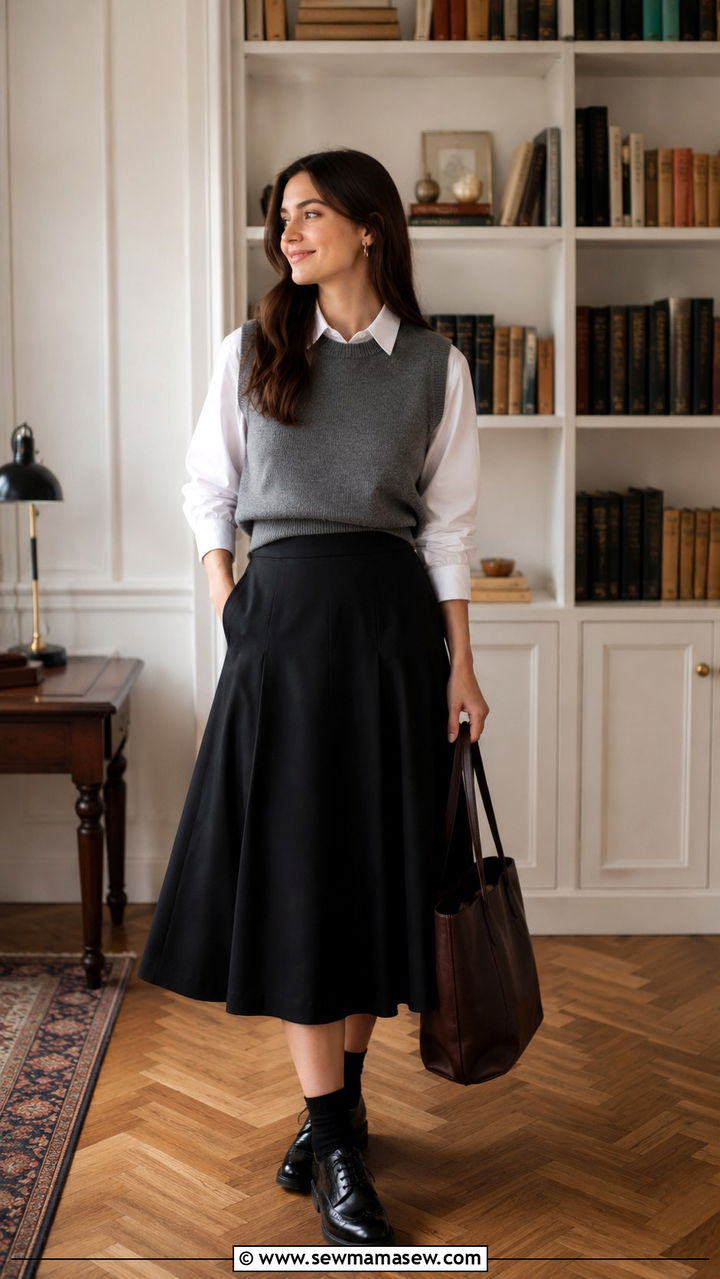Sweater vest layered over a shirt with midi skirt and brogues - 30 Midi skirt outfit ideas with a sweater