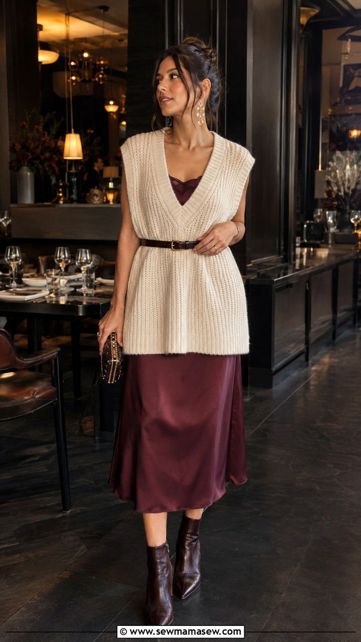 Sweater vest layered over a slip dress - 30 how to style sweater vest
