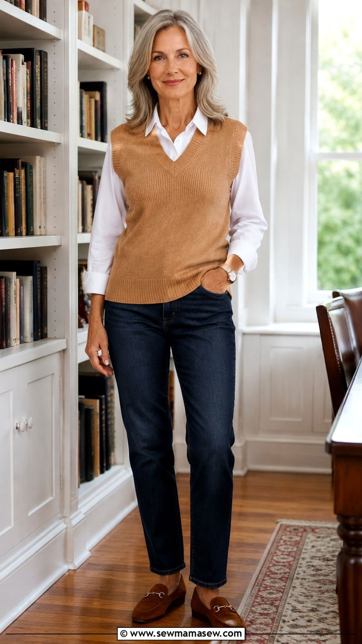 Sweater vest layered over a white button down shirt - 25 Outfit ideas for women over 50 elevated casual