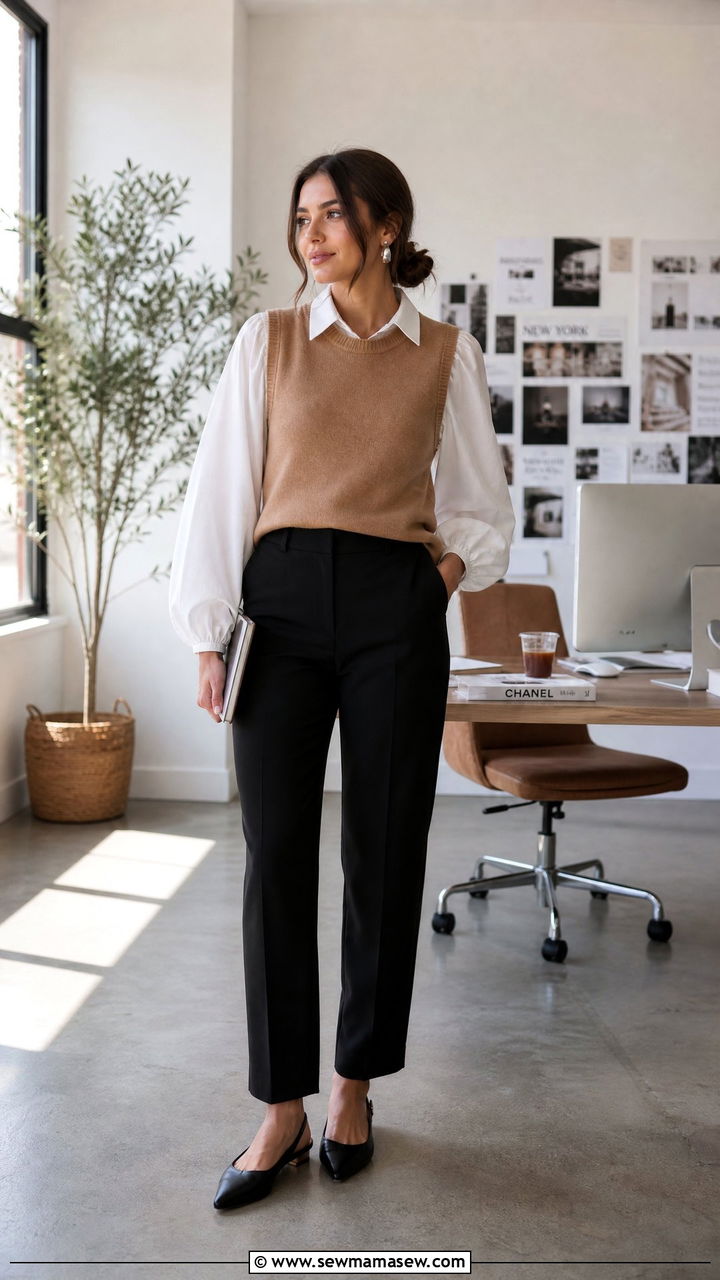 Sweater vest layered over balloon sleeve blouse - 30 Modest capsule wardrobe 2026