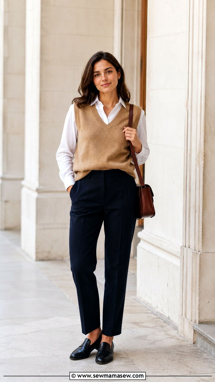 Sweater vest layered over button down - 25 windy day outfits trends