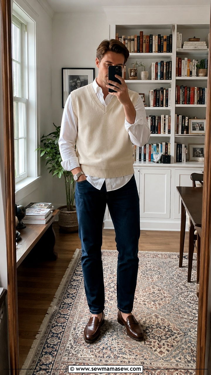 Sweater vest layered over button down remote outfit - 30 Remote worker outfit ideas
