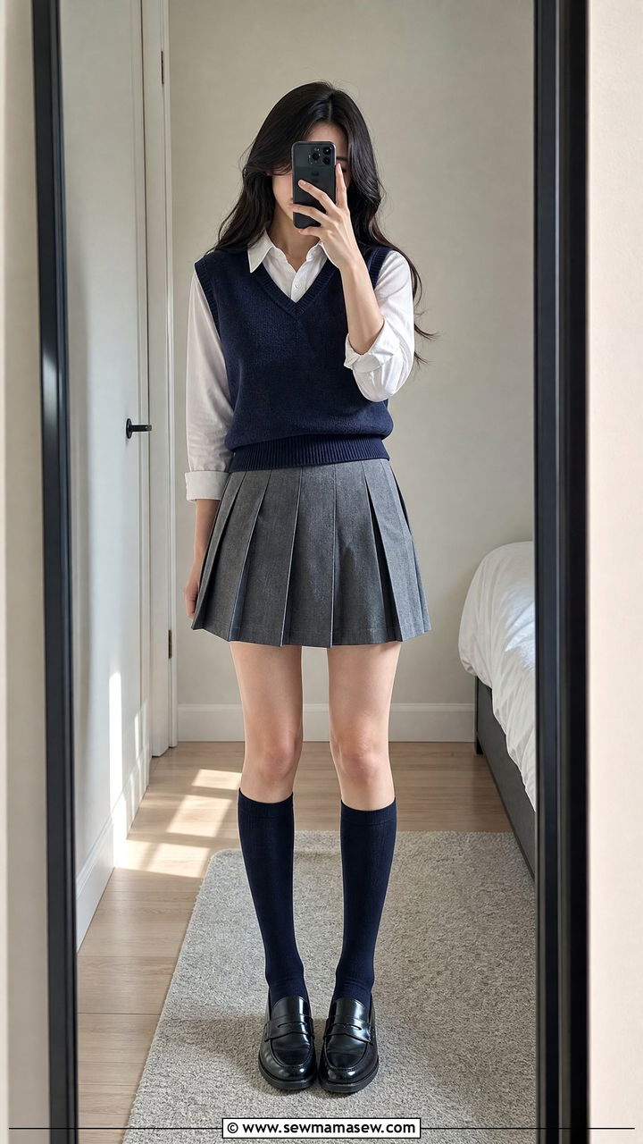 Sweater vest layered over white collared shirt with pleated skirt outfit - 30 School uniform hacks outfit ideas