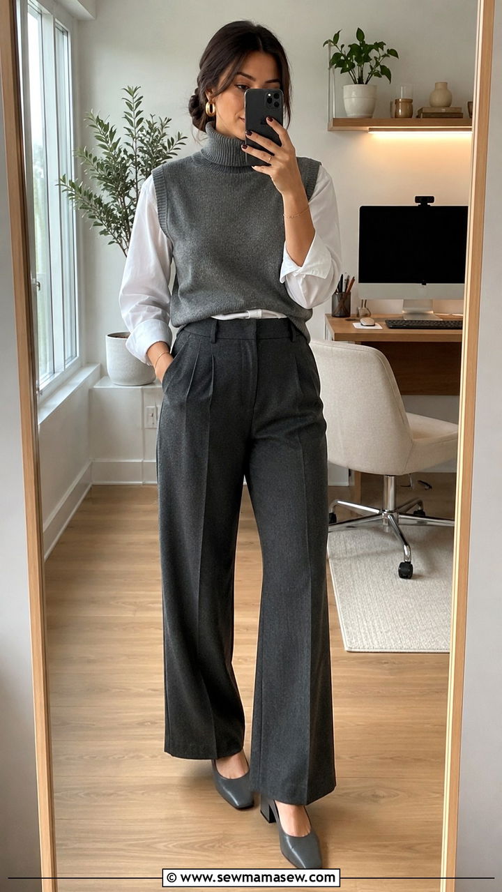 Sweater vest layered over white shirt outfit - 20 Quiet luxury outfit ideas Kate Middleton