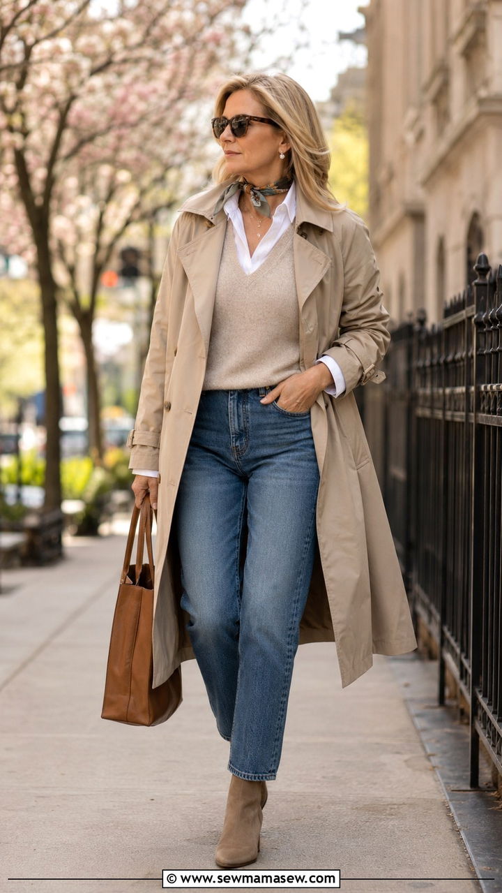 Sweater vest layered under a trench coat - 30 sweater vest outfits for women over 40