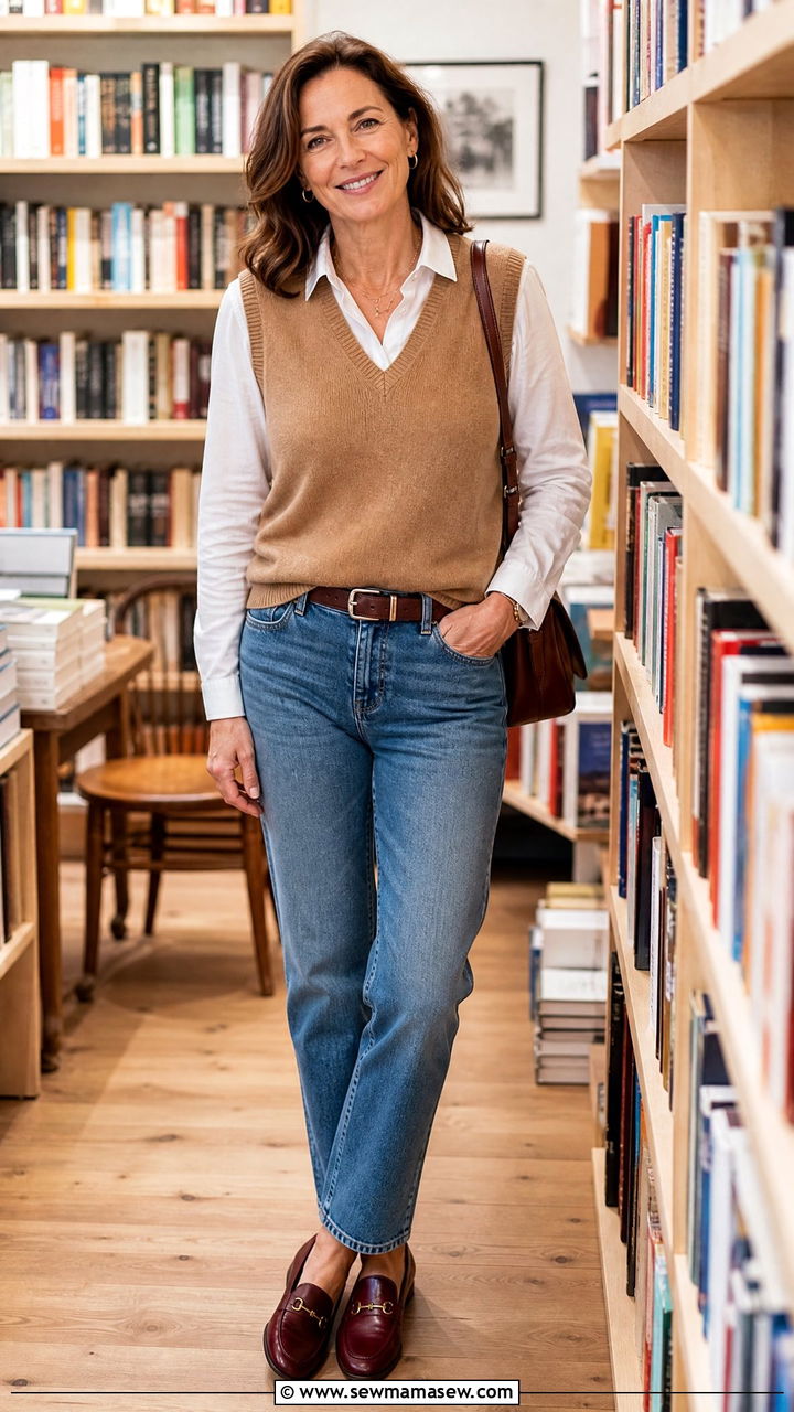 Sweater vest over a button down and straight leg jeans with loafers - 35 Midsize outfits for women over 40