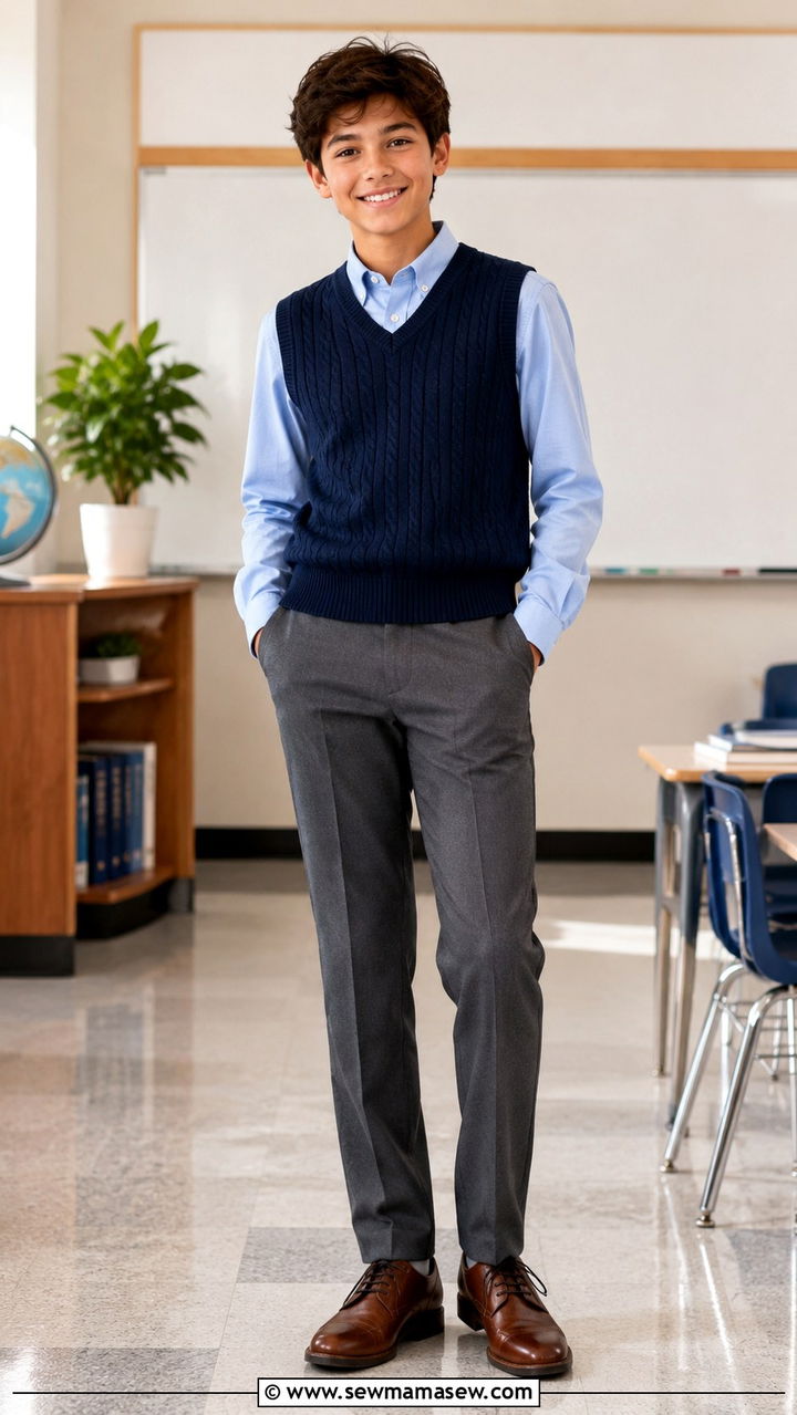 Sweater vest over a button up shirt - 30 Middle school picture day outfit ideas