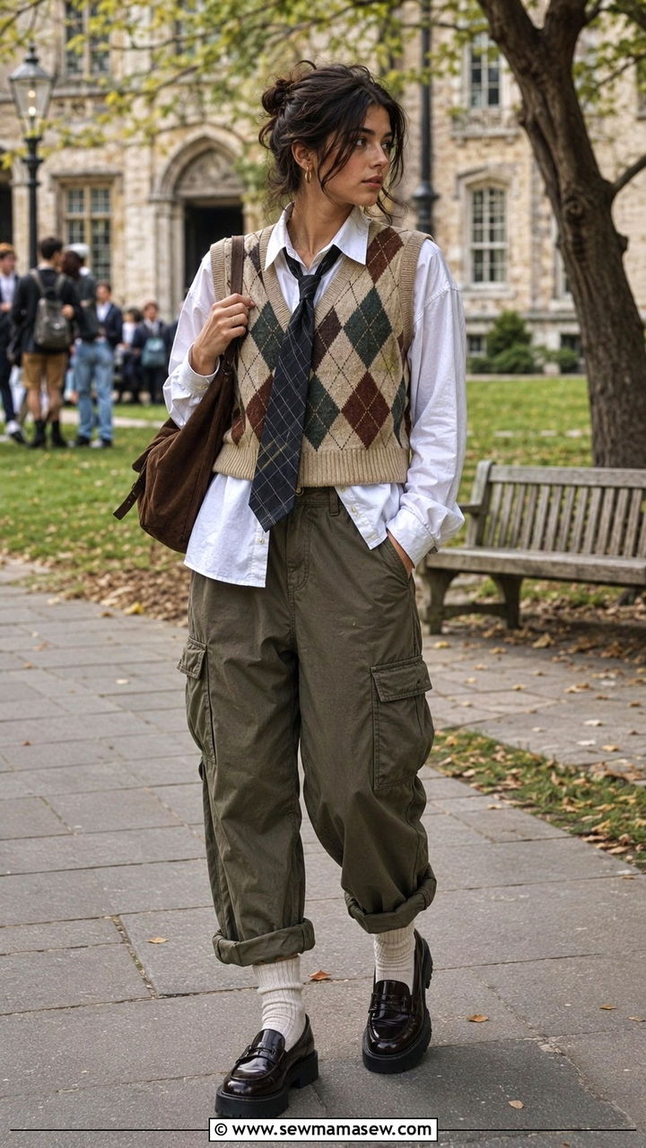Sweater vest over a collared shirt with cargo pants - 30 Chaotic academia outfit ideas
