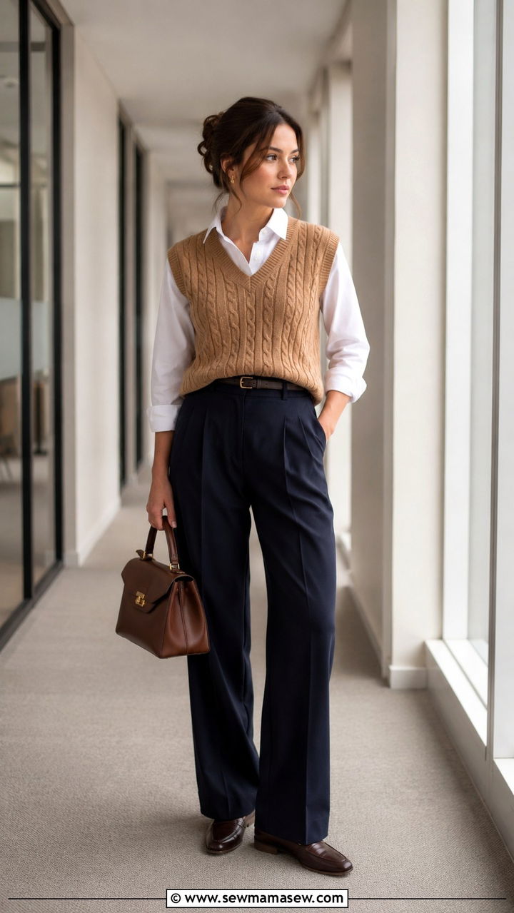 Sweater vest over a crisp button down with pleated trousers - 30 Unpredictable weather outfit ideas