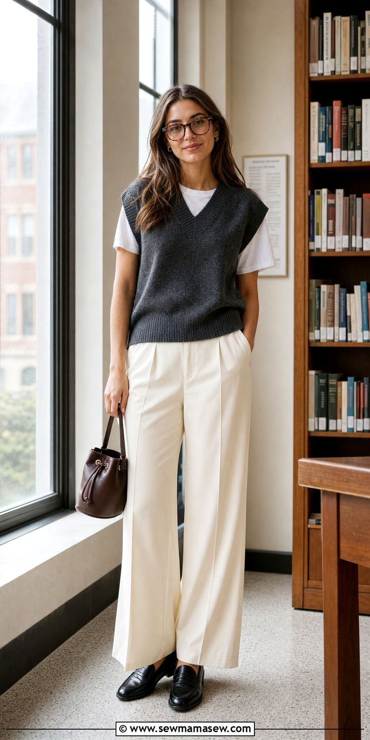 Sweater vest over a white tee and wide leg trousers with a mini bucket bag - 35 Bucket bag outfit ideas