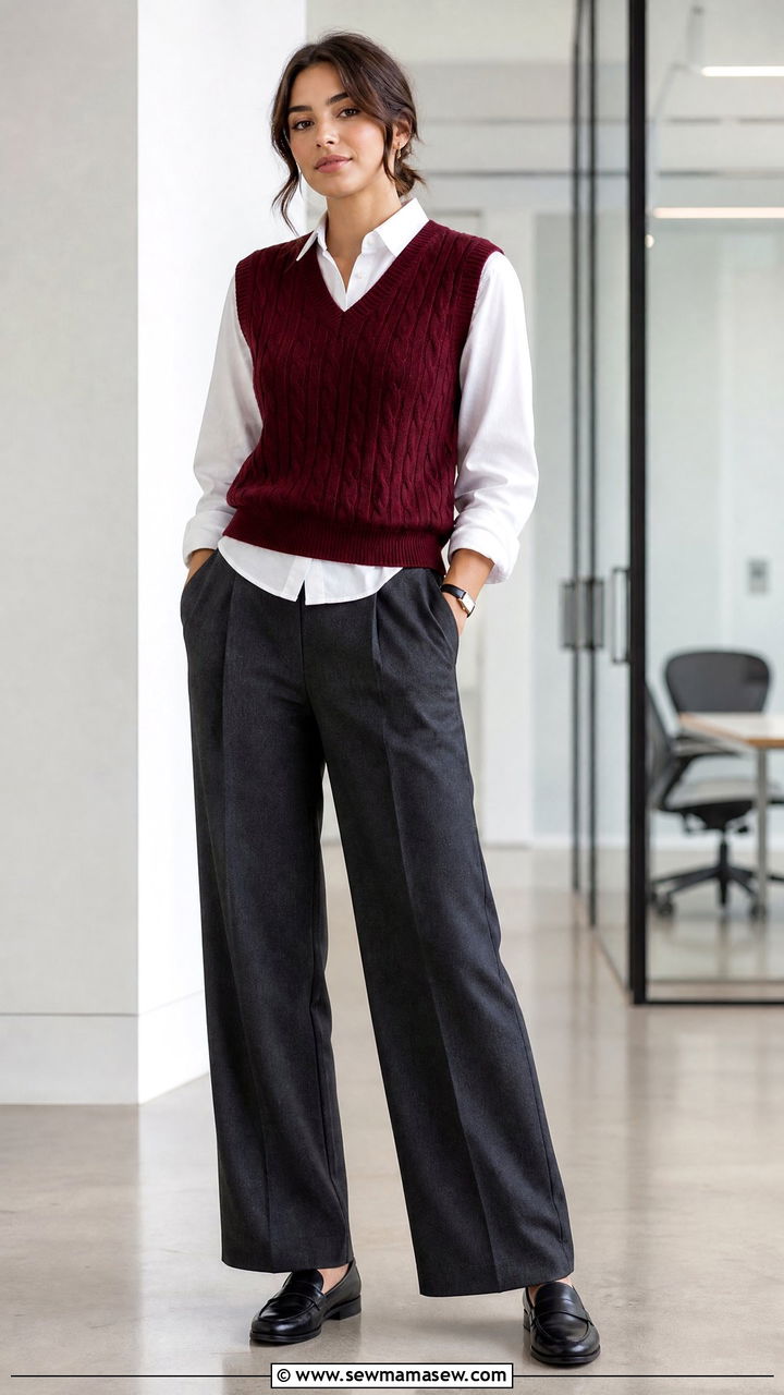Sweater vest over button down shirt and trousers - 30 summer to fall outfits for women