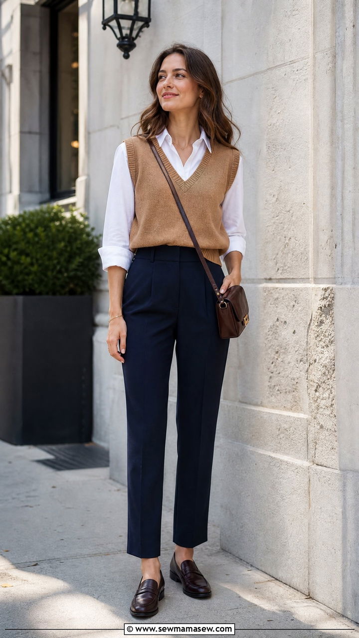 Sweater vest over button down shirt outfit - 35 Modern preppy outfit ideas