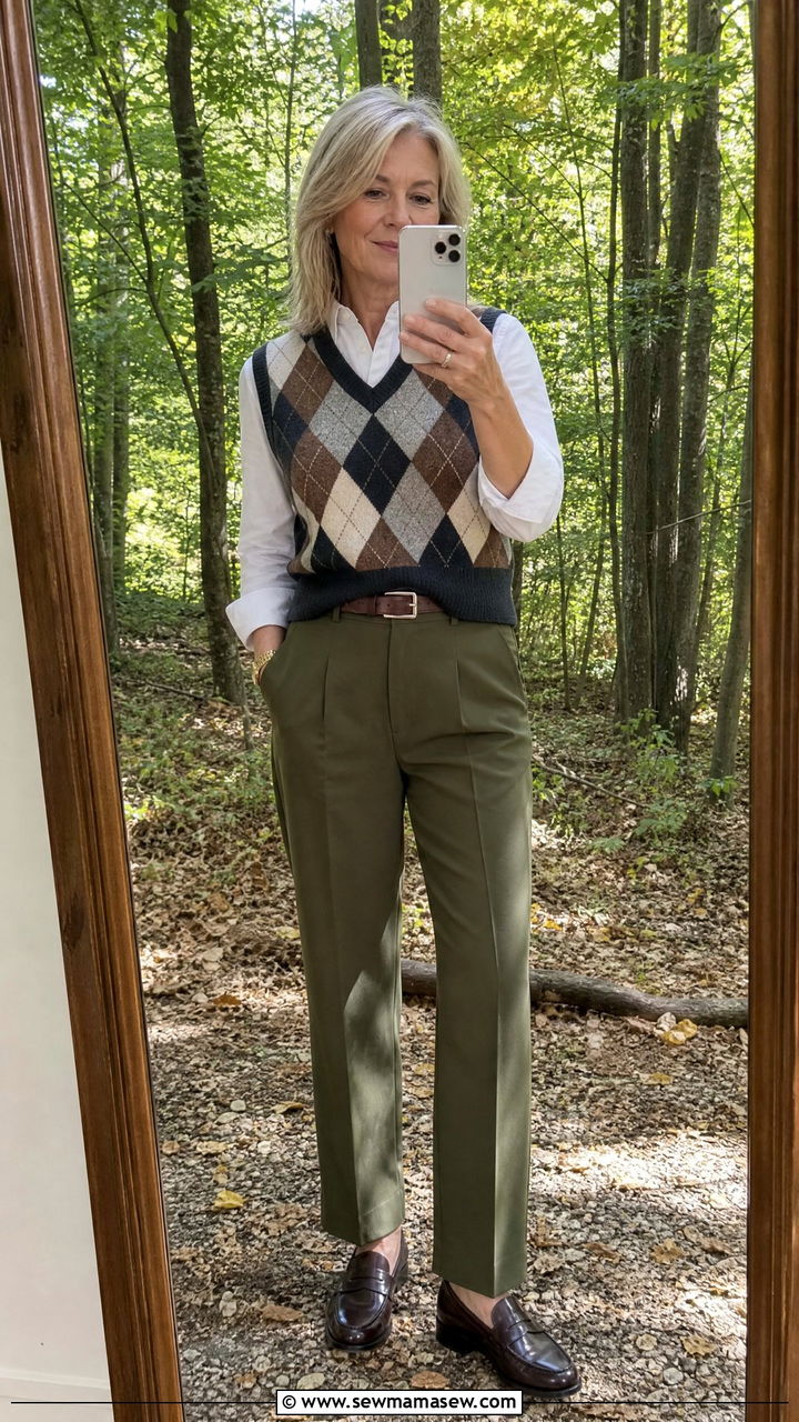Sweater vest over button down shirt outfit - 30 Stylish outfits for grandmas