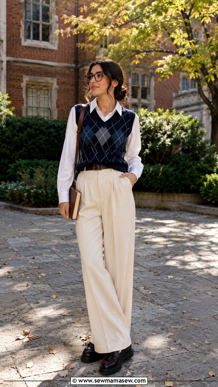 Sweater vest over button down shirt outfit - 30 librarian core outfits for women