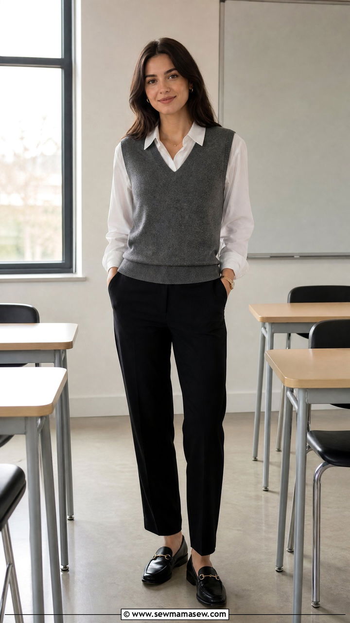 Sweater vest over button down substitute outfit - 30 Substitute teacher outfit ideas