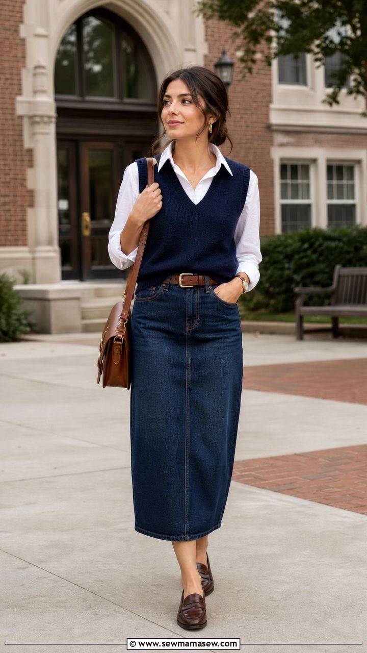 Sweater vest over button down with denim midi skirt outfit - 25 classy denim skirt outfits