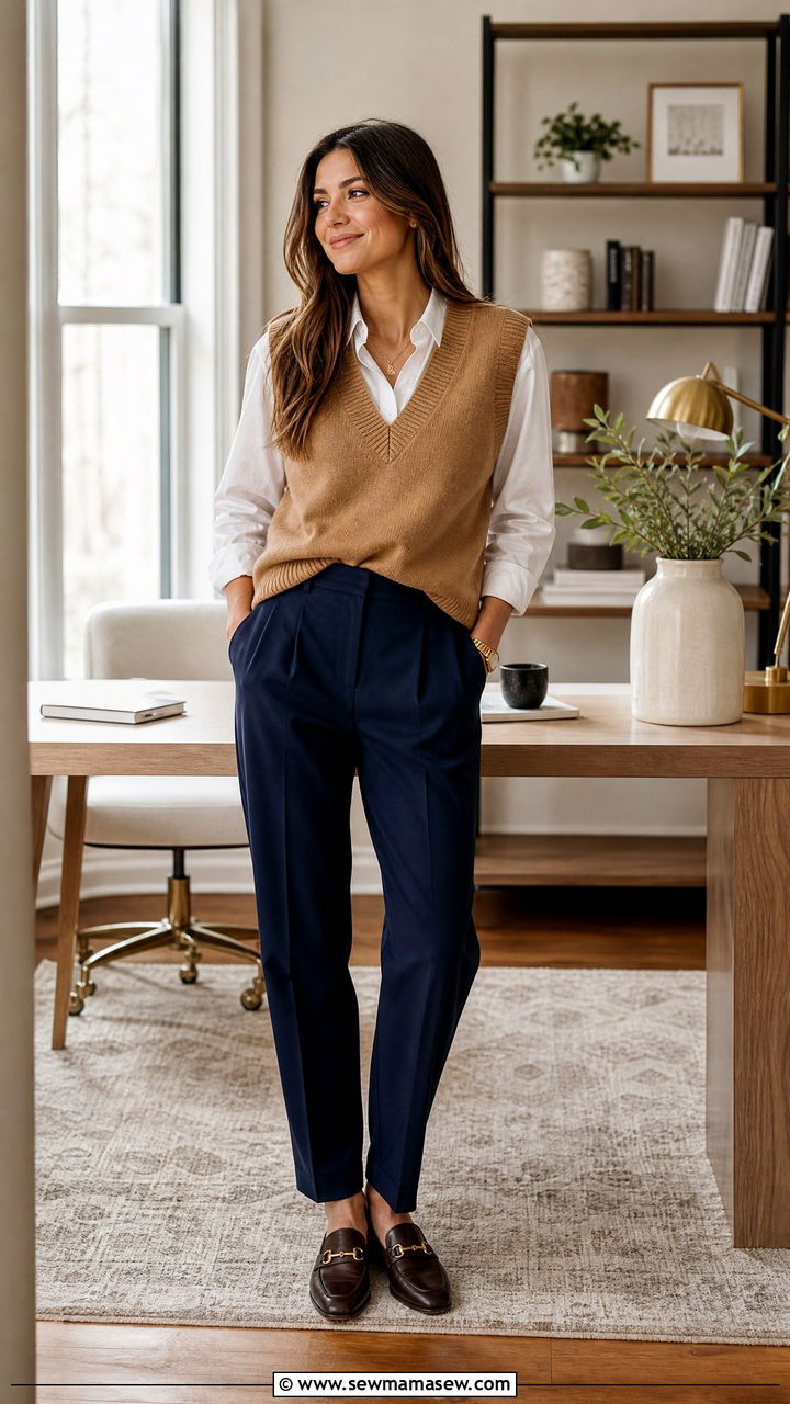 Sweater vest over button down with trousers - 35 Loungewear outfit ideas for work from home