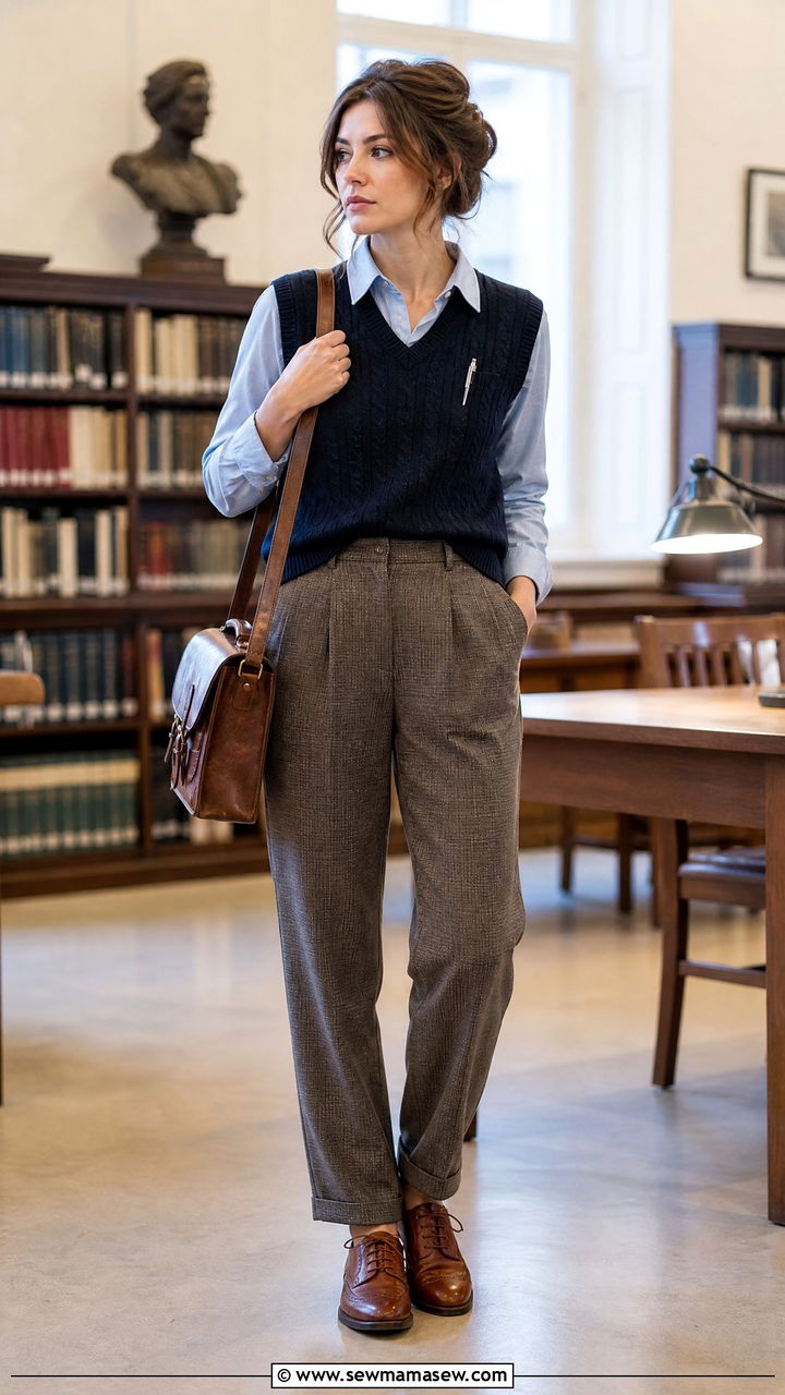 Sweater vest over collared blouse and checked trousers - 25 Poetcore outfit ideas college professor aesthetic