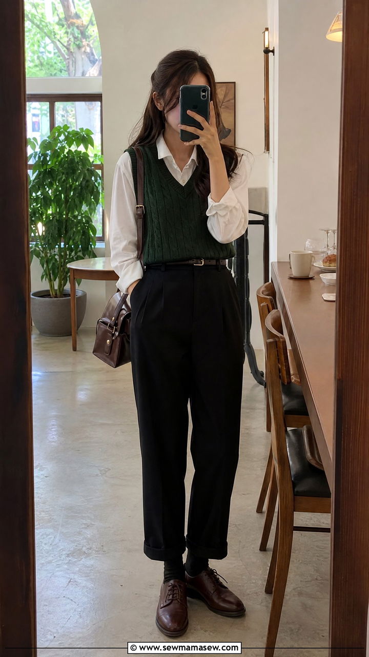 Sweater vest over collared shirt - 25 classy dark academia outfits