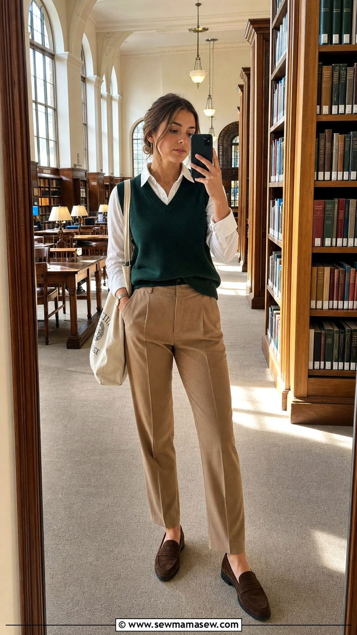Sweater vest over collared shirt and trousers - 25 Dark academia outfit ideas 2026
