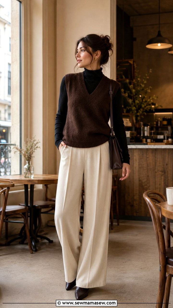 Sweater vest over turtleneck with wide leg trousers - 25 Old money outfit ideas with sweater vest