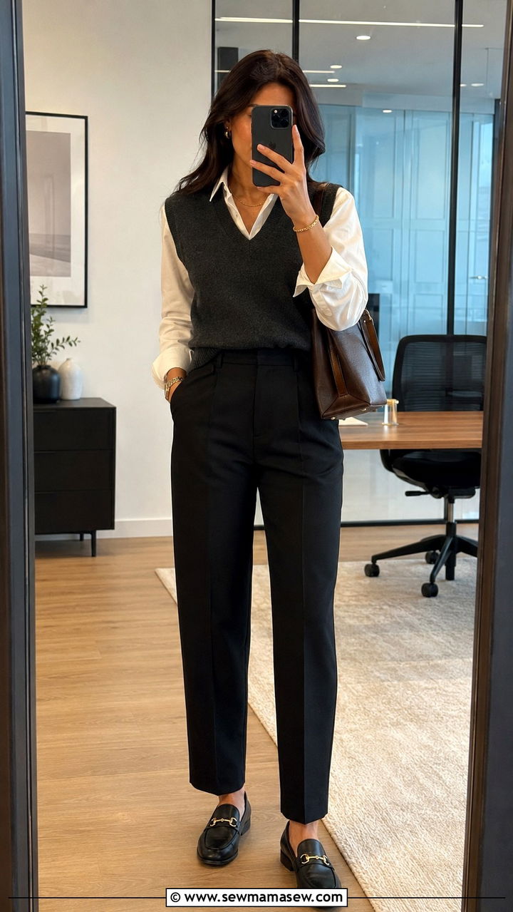 Sweater vest over white button down and trousers - 30 business casual outfits inspo