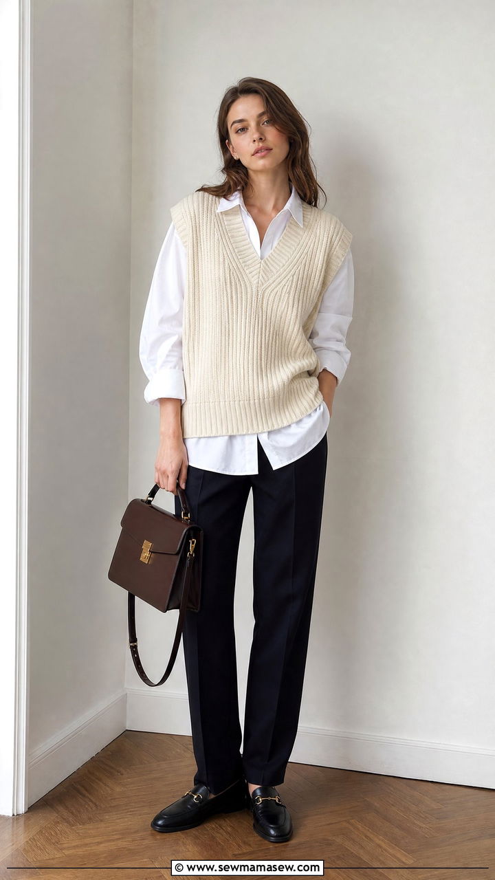 Sweater vest over white button down shirt - 20 Spring outfits for 60-70 degree weather