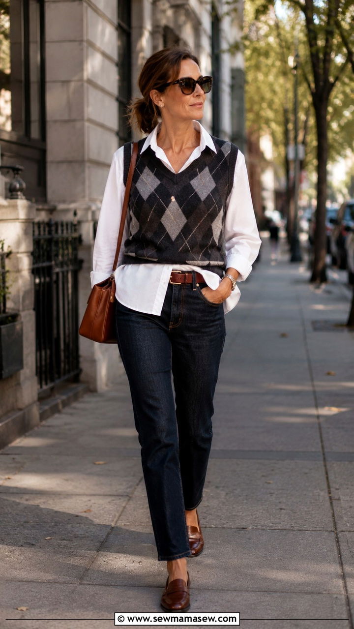 Sweater vest under a blazer with trousers - 30 sweater vest outfits for women over 40