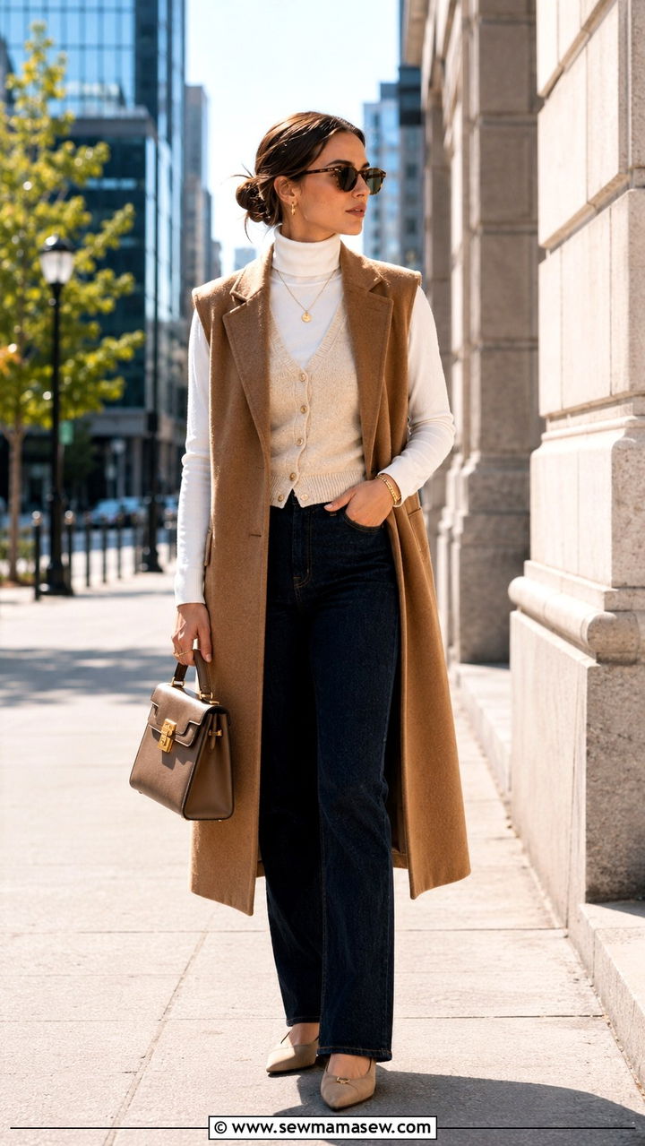 Sweater vest under a sleeveless long coat - 25 Old money outfit ideas with sweater vest