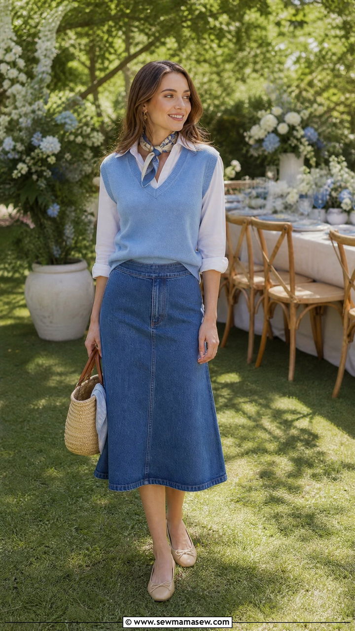 Sweater vest with A line skirt spring outfit - 25 Spring outfits with sweater vests