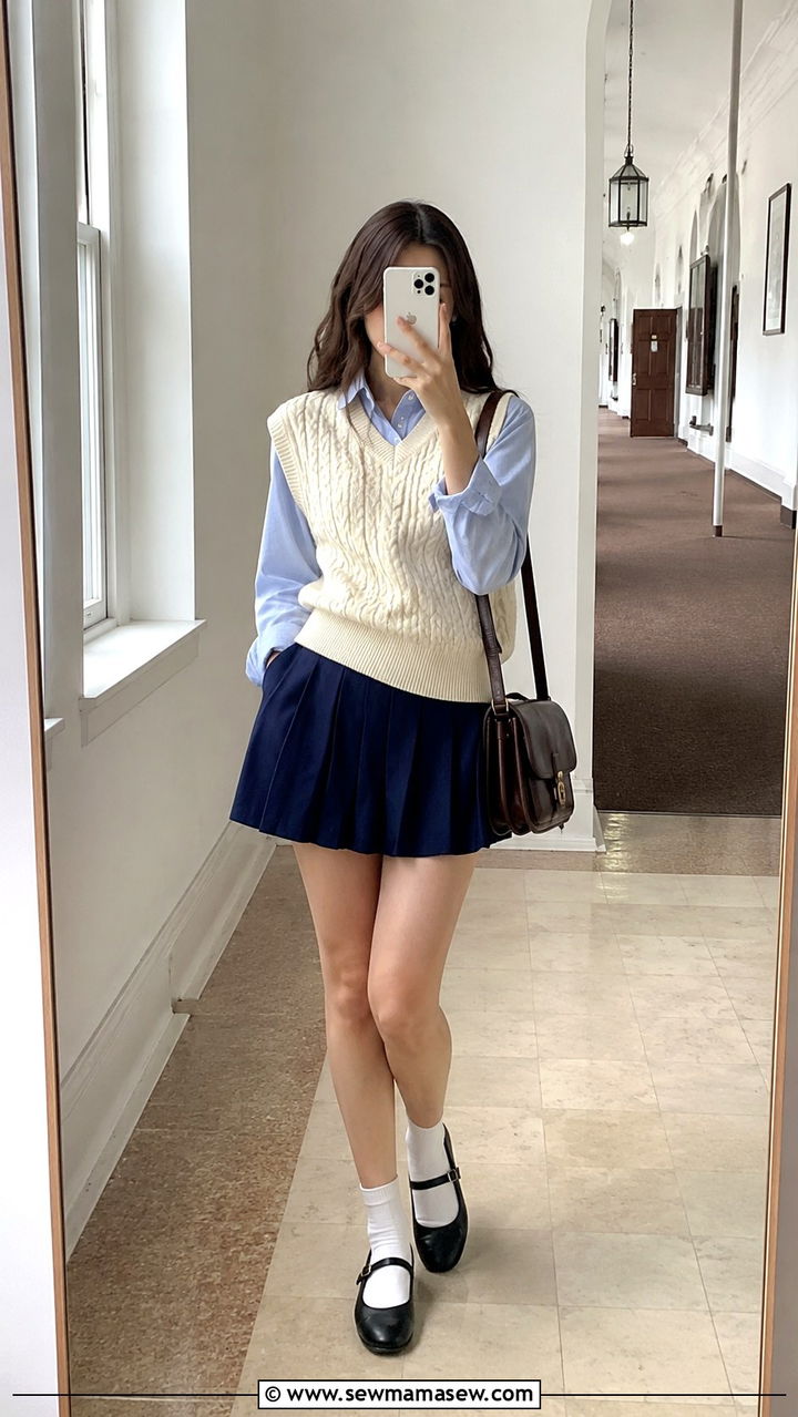 Sweater vest with Oxford shirt and pleated mini skirt - 25 Old money outfit ideas with Mary Jane flats