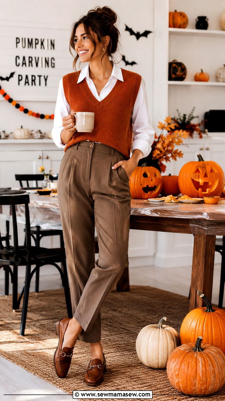 Sweater vest with a collared shirt and tailored trousers - 30 Pumpkin carving party outfit ideas