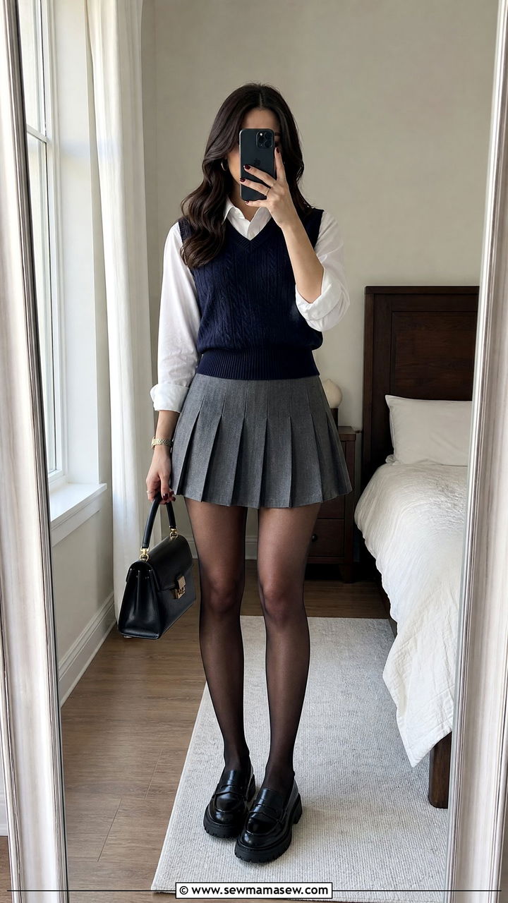 Sweater vest with a pleated mini skirt - 30 chic sweater vest outfit ideas