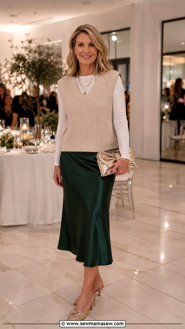 Sweater vest with a satin slip skirt - 30 sweater vest outfits for women over 40