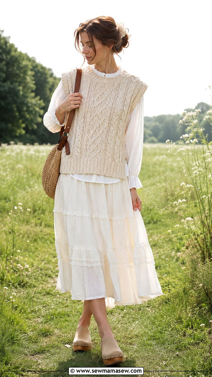 Sweater vest with a tiered skirt - 30 Spring cottage outfits