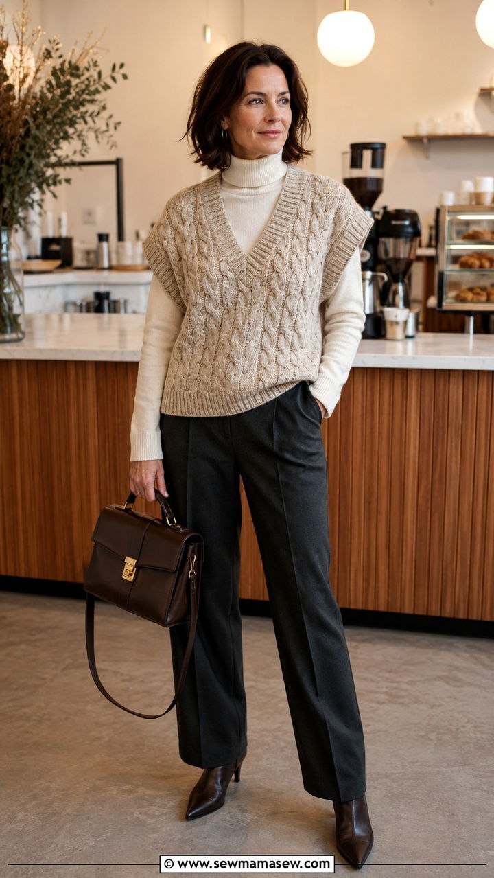Sweater vest with a white button down and jeans - 30 sweater vest outfits for women over 40