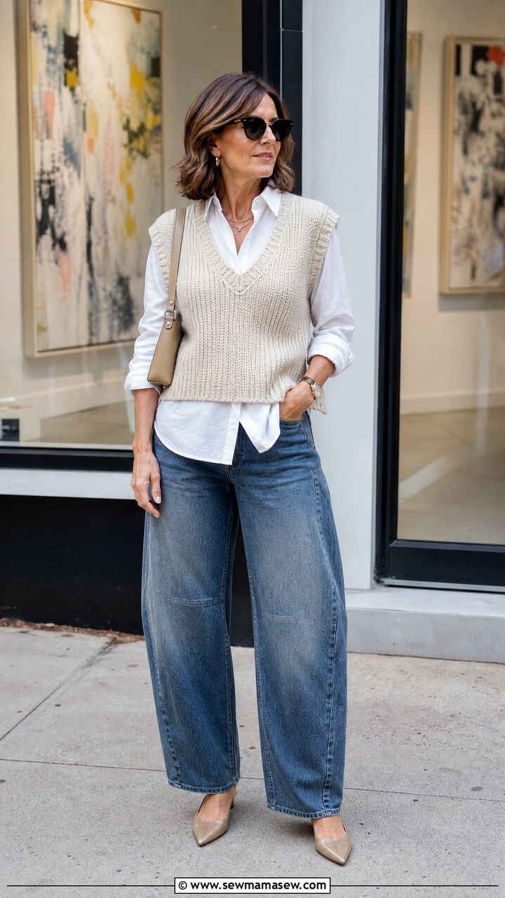 Sweater vest with barrel leg jeans - 35 Jeans outfit ideas for women over 40
