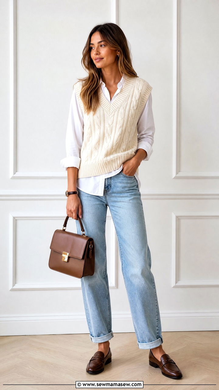 Sweater vest with boyfriend jeans and loafers - 25 Boyfriend jeans outfit ideas with a sweater