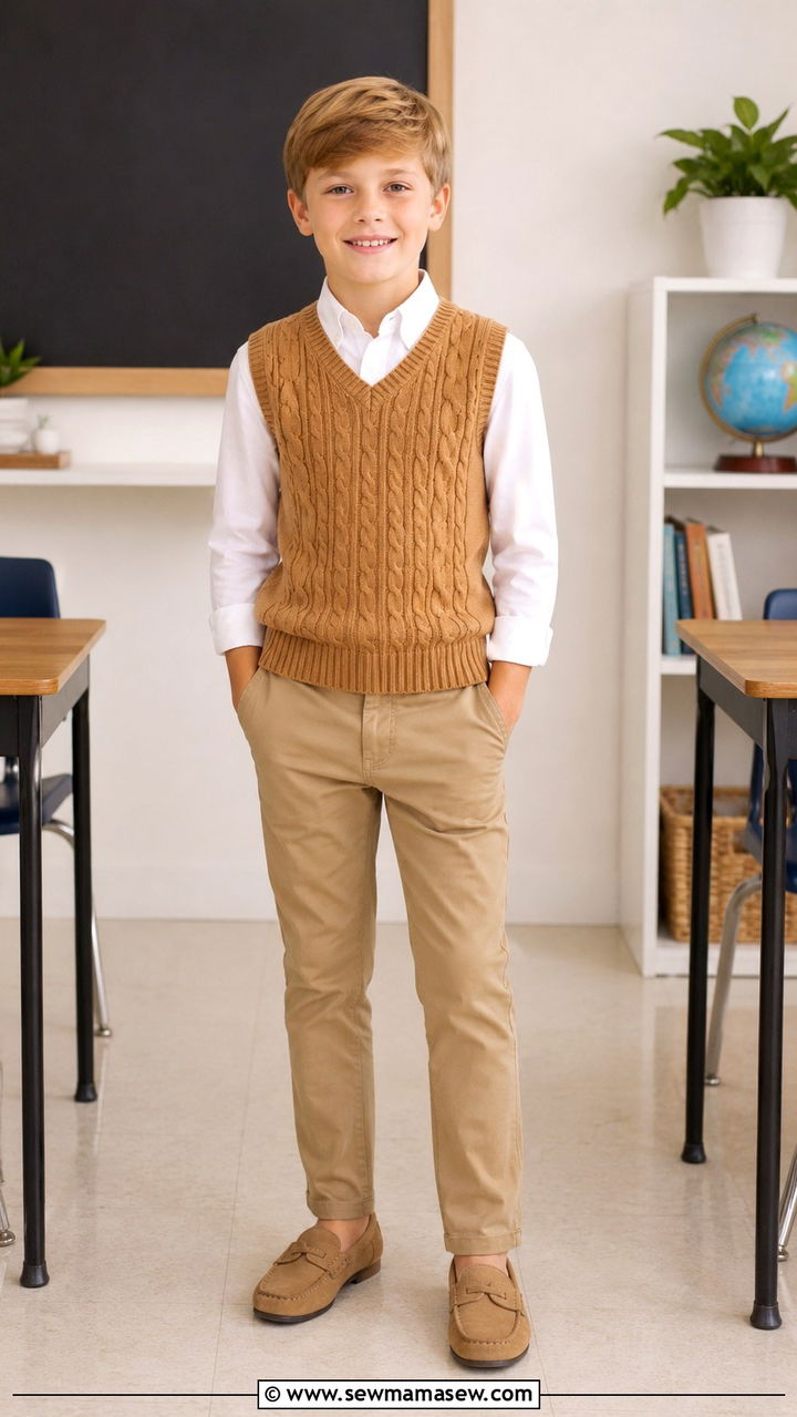 Sweater vest with button down and chinos outfit - 30 Kids back to school outfit ideas