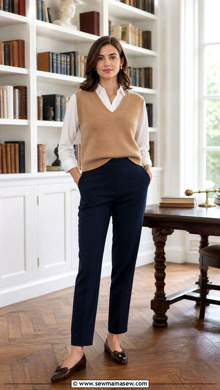 Sweater vest with button down and trousers - 40 classy teacher outfits