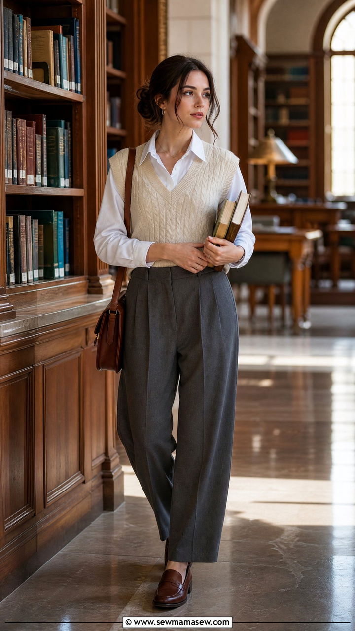 Sweater vest with button down shirt - 30 College study session outfit ideas