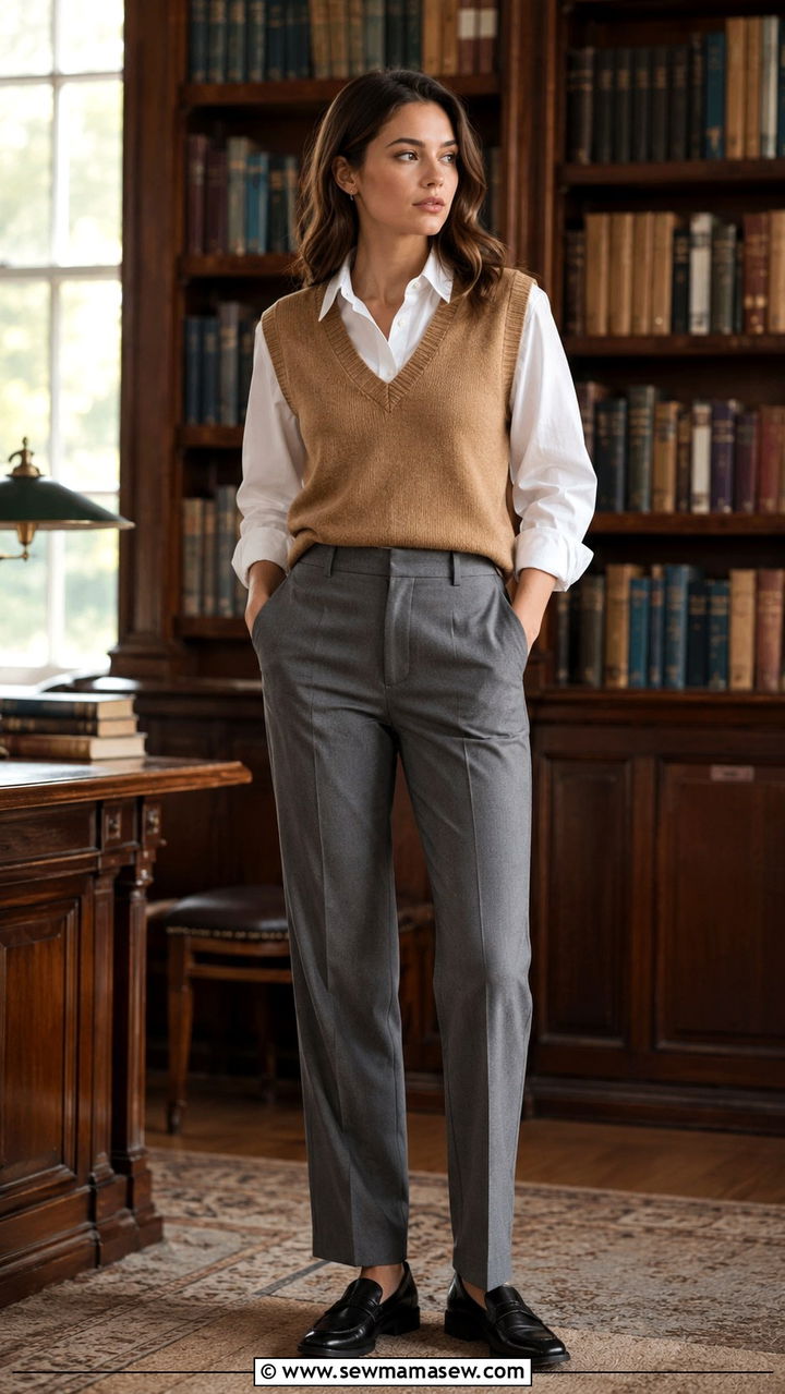 Sweater vest with button down shirt and trousers outfit - 25 Quiet luxury on a budget outfit ideas