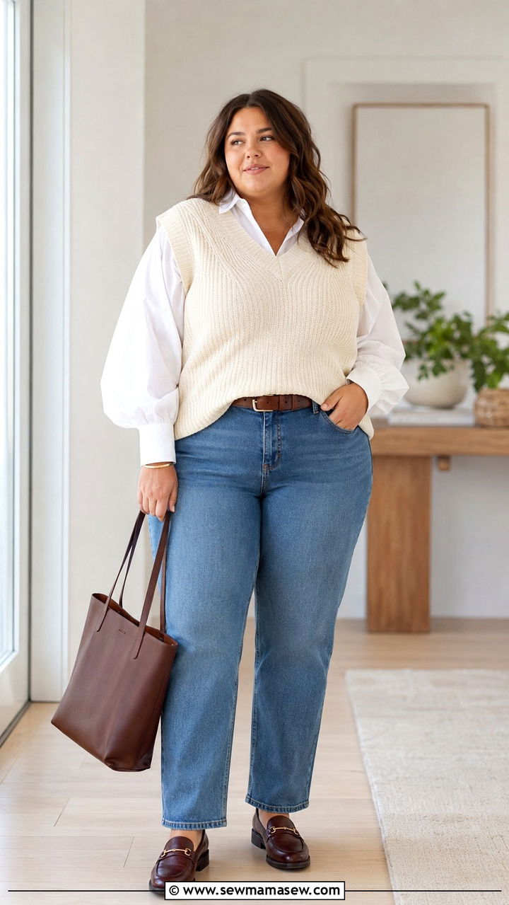 Sweater vest with button down shirt outfit - 30 Sweater outfit ideas plus size